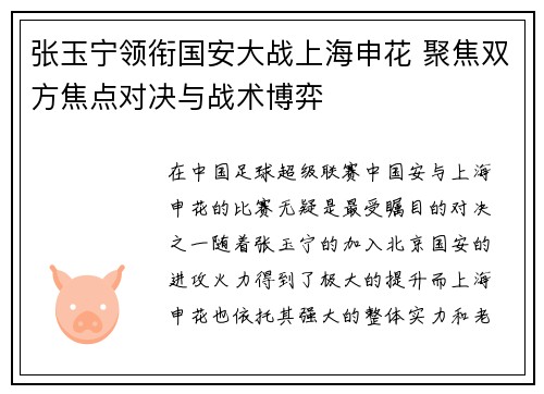 张玉宁领衔国安大战上海申花 聚焦双方焦点对决与战术博弈