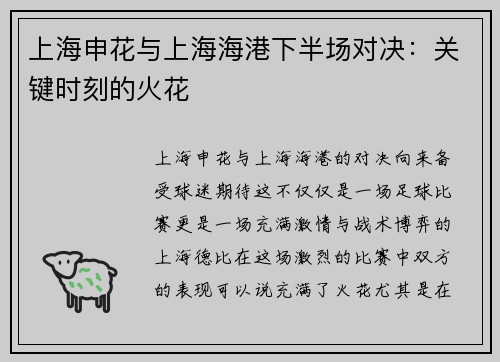 上海申花与上海海港下半场对决：关键时刻的火花